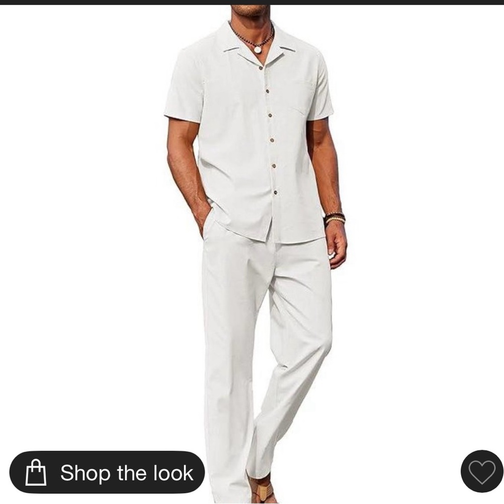 Men's Coofandy 2 piece linen White Short Sleeve Shirt and Pants Set